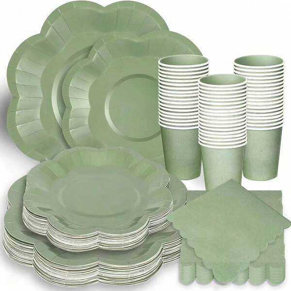 10 piezas/20 piezas/50 piezas/Set, Plato, vaso y toalla de papel de color verde salvia, Vajilla desechable de 9"x7" con plato en forma de abanico, Plato desechable de color verde salvia adecuado para fiestas, cenas, bodas, bautizos, revelación de género, plato para tarta de cumpleaños, fiestas festivas, comidas en grupo