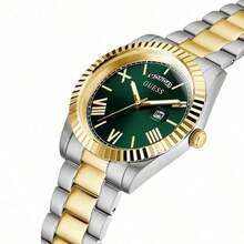 Guess GW0265G8 Klassisch elegante Herren Analog Quarz Uhr mit Tag-/Datumsfunktion, grünes rundes Zifferblatt und zweifarbiges Edelstahlarmband in Silber und Gold, geeignet für den täglichen Businesswear, Geburtstagsgeschenk für Männer