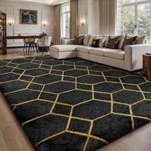 Sour Lemon Large Rugs Living Room, Hexagonal Pattern Area Rugs For Bedroom, Washable Anti Slip Shaggy Soft Rug, Fluffy Modern Carpets Mat Beside Area Rug, Best For Living Room, Bedroom, Study Room, Home Decor - Black and Gold - View 1