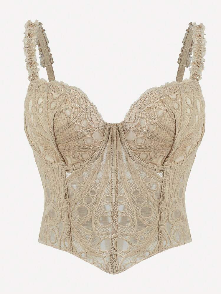 1pc Mint Green Textured Sheer Floral Lace Hollow Out Cropped Bustier Top, Suitable For Everyday Wear/Party/Wedding - Apricot - View 4