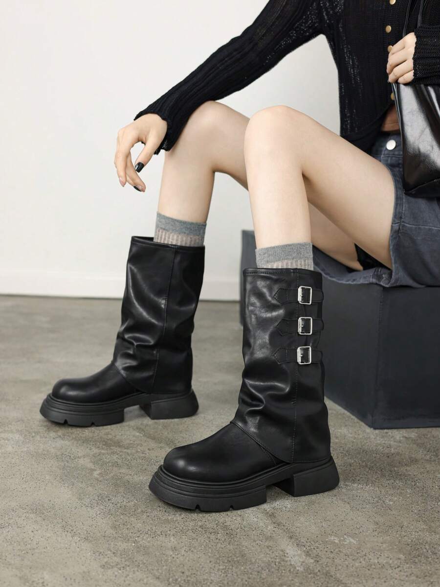 女式厚底复古喇叭腿及膝高筒马靴，秋季中筒靴，新款秋冬休闲中筒时尚靴 - 黑色 - 查看 1