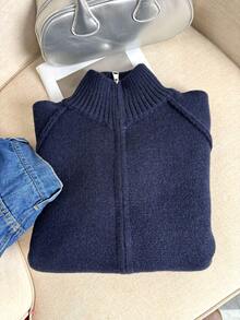 Luźny kardigan Wixra Korean z dzianiny w stylu koreańskim, ze stójką i rękawami typu raglan, zapinany na dwukierunkowy zamek błyskawiczny, jednolity kolor, top w stylu uniwersyteckim, niezbędny do warstwowej stylizacji jesienią/zimą