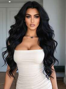 Stylish Elegant Black Long Loose Wavy Wig 34 Inches Center Part Bangs Soft Voluminous Heat-Resistant Fiber Suitable For Daily Wear, Holiday Gatherings, Wedding Parties, Halloween, Christmas, Cosplay, Y2K Winter Casual Streetwear, And More - Black - View 3