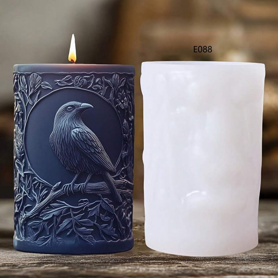Raven Embossed Cylinder DIY Candle Silicone Mold - White - View 1