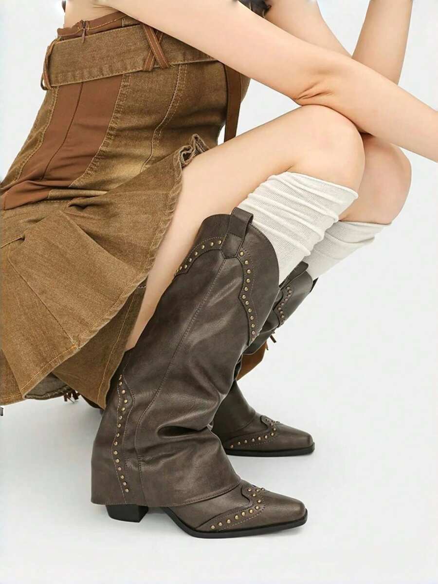 Retro Women's Knee High Boots Ruched Wide Calf Rivets Detail Pull On Slouchy Boots Party Dressy Occasions Long Booties - 棕色 - 查看 1