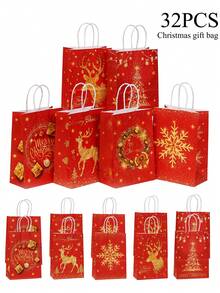 32 个红色节日圣诞礼品袋 - 带手柄的牛皮纸袋，金色雪花和驯鹿图案，适用于节日礼物、派对礼品和礼品包装、圣诞礼品包装袋 - 彩色 - 查看 15