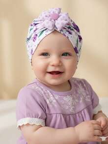 1 pieza Gorro de bebé suave y lindo con estampado morado, adecuado para uso diario en todas las estaciones - Multicolor - Ver 3