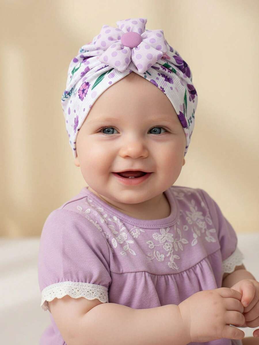1顶可爱柔软的紫色印花婴儿帽，适合日常佩戴，四季皆宜 - 彩色 - 查看 1