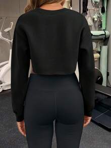 Womens Cropped Sweatshirt Shrug Long Sleeve Workout Gym Cover Up Bolero Y2K Super Crop Tops - 黑色 - 查看 5