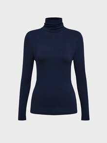 Women's Basic Minimalist Vintage Coin Pattern Elegant Casual Turtleneck Long Sleeve Knit Undershirt, Autumn Spring - Navy Blue - View 4