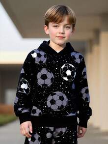 2pcs/Set Boys' Football Print Hoodie Sweatshirt And Casual Sweatpants Outfit, Comfortable And Stylish For Outdoor, Spring/Autumn - Black - View 5
