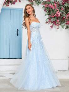 Women's Floral Applique High Slit Mesh Strapless Evening Gown