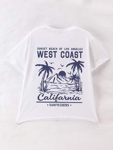 Camiseta casual sencilla de niño con estampado de naturaleza, estilo de playa de verano con montañas, mar y árboles, cuello redondo, manga corta, ropa de niños de verano nueva con parte superior de manga corta