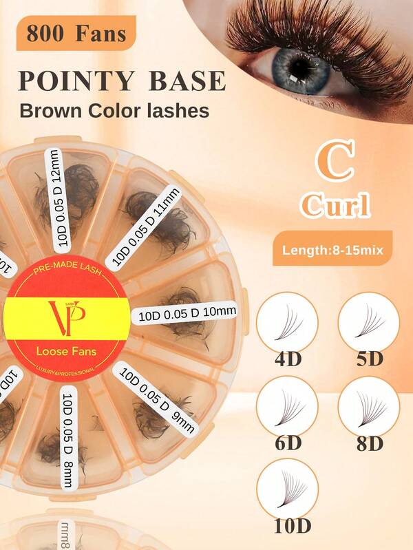 Abanicos de volumen ruso premontados VP 800 con rizo C/D 4D/5D/6D/8D/10D, base puntiaguda, tallo corto y color marrón, extensiones de pestañas de piel de marta falsa premontadas para maquillaje