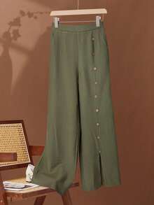 四季新款复古橄榄绿修身腰亚麻侧单排木质假纽扣开衩阔腿休闲女裤垂坠亲肤面料显瘦高挑百搭通勤裤松紧腰宽松直筒阔腿口袋设计舒适透气女裤 - 墨綠色 - 查看 2