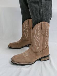 Botas vaqueras de cuero de alta caña para hombres, bordadas, estilo británico retro, estilo occidental vintage, botas de motocicleta de ante