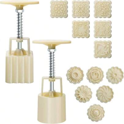 Moon Cake Mould 50g, 12 PCS Pattern Hand - Pressure Mooncake Molds Mid - Autumn Pastry 2 Set With 6pcs Round Flower Mooncake Mode And 6 Pcs Square Pattern Mooncake Mould White, 50g