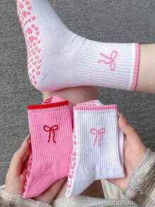 2 Pairs Women's Bowknot Yoga Mid-Calf Socks, Women's Non-Slip Pilates Socks, Ruffle Yoga Socks, Cute Grip Socks - Multicolor - View 3