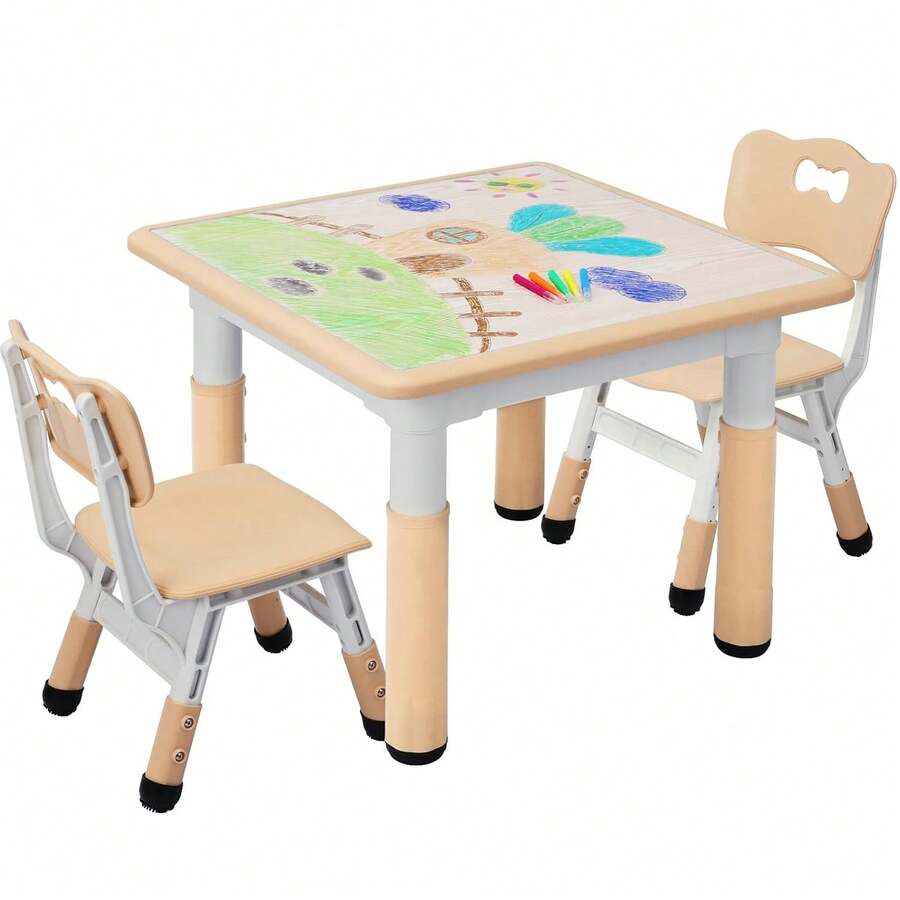 Kids Table With 2 Chairs, Children's Seating Height Adjustable, Painting Table Chair Set, For Boys And Girls From 3 Years, Square Table - Yellow - View 1