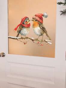 1 PIEZA Pegatinas de ventana con pájaros de estilo art decó navideños, calcomanías de ramas de bayas rojas para vidrio, pegatinas decorativas de plástico autoadhesivas, decoración festiva para el hogar, motivos de pájaros con gorro de Papá Noel de un solo uso, decoraciones navideñas para habitación, decoración de pared, pegatinas de pared, pegatinas de pared decoraciones navideñas para el hogar