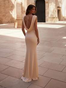 Basrey New Elegant Solid Color Waist Tie V-Neck Open Shoulder Mermaid Maxi Dress, Suitable For Weddings, Parties, Galas And Other Occasions Spring - Champagne - View 3