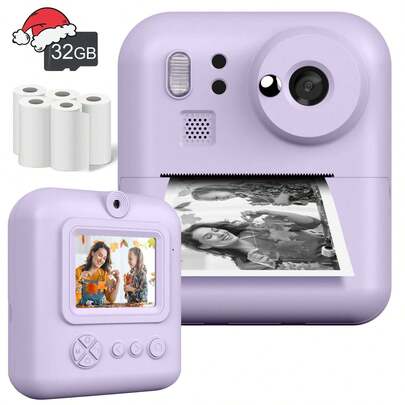 Kids Instant Print Camera Set, Front & Rear Selfie Camera, Supports 1080P Video, Suitable For 3-12 Years Old As Christmas, Birthday And New Year Gift, Portable Travel Print Digital Camera Toy For 6-12 Years Old