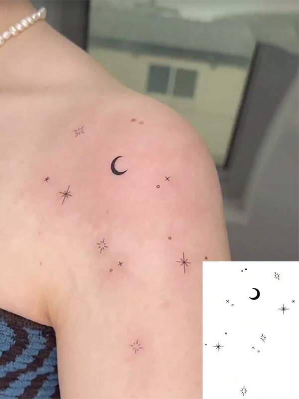 1 Stück wasserfeste, schweißresistente, waschbare temporäre Tätowierung, glänzendes Stern- und Mondsichel-Muster, modisch geeignet für den täglichen Gebrauch
