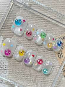 10片手工彩虹糖果造型短款猫眼美甲贴片，Y2K夏日度假风美甲用品，闪亮可爱仙女美甲贴纸，适合女性和女孩日常佩戴，时尚假指甲贴片，全覆盖美甲贴纸，手工按压式美甲 - 彩色 - 查看 1