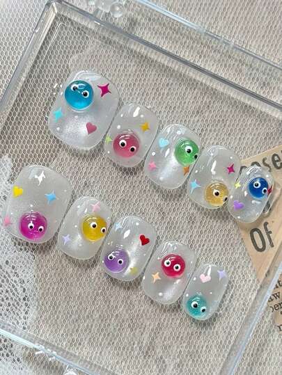 10片手工彩虹糖果造型短款猫眼美甲贴片，Y2K夏日度假风美甲用品，闪亮可爱仙女美甲贴纸，适合女性和女孩日常佩戴，时尚假指甲贴片，全覆盖美甲贴纸
