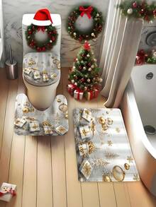 1/4 Pcs Christmas Gray & White Background Gold Foil Print Shower Curtain, Waterproof Polyester Fabric, Walk-In Shower Curtain With 12 Hooks, Bathroom Non-Slip Mat, Toilet Seat Cover And U-Shaped Pad, New Year Bathroom Decor Set