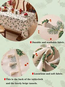 1pc Merry Christmas Rectangular Tablecloth, Green Pine Leaf & Pine Cone Print Pattern, Bamboo Texture, Washable, Suitable For Dining Table, Coffee Table, Nightstand, Cabinet Cover, Home Kitchen, Party, Christmas Decor, Holiday Gift, New Year Decoration - Green - View 2