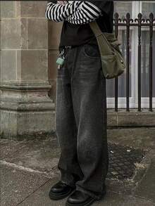 男士口袋简约复古宽松牛仔裤 - 深灰色 - 查看 3