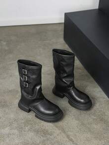 女式厚底复古喇叭腿及膝高筒马靴，秋季中筒靴，新款秋冬休闲中筒时尚靴 - 黑色 - 查看 6