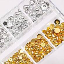 12-Piece Set Of Gold And Silver Half-Round Nail Art Accessories, Mixed Assembly 3D Nail Diamonds(Suitable For Halloween, Thanksgiving, Christmas, And Festive Party Nail Decorations) - 6格金色6格銀色 - 查看 6