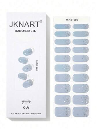 JKNART 20pcs Semi-Cured Nail Stickers, Nail Gel Polish Stickers UV Gel Stickers, Half-Baked Nail Stickers, Semi-Cured 2nd Generation Soft Gel Nail Stickers, Require Lamp Curing, Hazy Blue Crushed Diamond Design Gel Nail Stickers