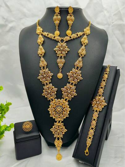 1 Collar, 1 Pulsera, 1 Par de Aretes, 1 Anillo Conjunto de Joyas de 4 Piezas de Mujer con Colgante Floral Redondo de Doble Capa Chapado en Oro, Adecuado para Novia Saudí, Europea y Americana, Medio Oriente, Dubái, África, para Boda, Fiesta, Cita, Día de la Madre, San Valentín, Festival de Música, Cumpleaños, Graduación