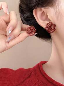 1 Pair Vintage Elegant Red Rose Flower Pattern Stud Earrings, Suitable For Women To Wear On Vacation, Party, Holiday, Couple Date, Birthday Gift, Mother's Day Gift