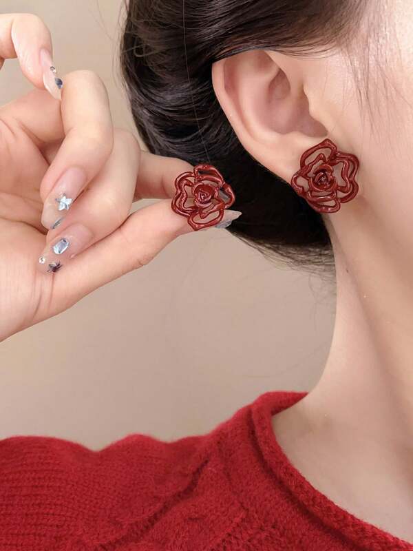 1 Pair Vintage Elegant Red Rose Flower Pattern Stud Earrings, Suitable For Women To Wear On Vacation, Party, Holiday, Couple Date, Birthday Gift, Mother's Day Gift
