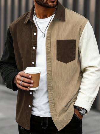 Chaqueta casual de hombre de pana con paneles de color contrastante, cuello de solapa, manga larga, para uso diario, otoño