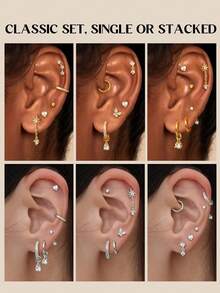 11Pairs Hypoallergenic Flat Back Earrings For Women -Silver Surgical Steel Earring Stacks Set | Small Stud & Hoop For Cartilage, Helix, Tragus | Multiple Piercing Comfort Jewelry Silver - 銀色 - 查看 5