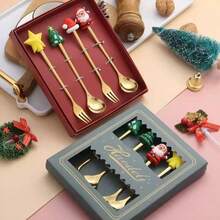 Ensemble cadeau de cuillère à dessert, fourchette à fruits, mélangeur à café en acier inoxydable avec renne en silicone mignon