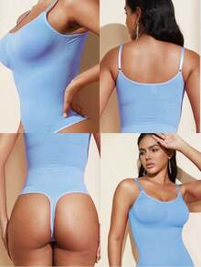 1pc Women Seamless Shaping Bodysuit With Thong Bottom, Slimming Bodyshaper Tummy Control Flat Belly Sheath Jumpsuit Shapewear Waist Trainer Shaper - 藍色 - 查看 4