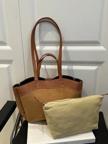 1 Stück braune Retro Wildleder-Optik Patchwork Shopper Tasche, große Kapazität Damen Schultertasche (mit kleiner Innentasche), Herbst/Winter