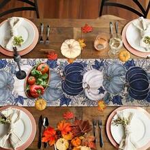 1 Thanksgiving Linen Table Runner - Blue And White Pumpkin Maple Leaf Design, Autumn Harvest Decoration Suitable For Farmhouse Restaurant Family Party, Multiple Sizes Available, Thanksgiving Table Decoration, Chinese Restaurant Style