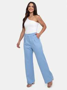 Simple Elegant Casual Polyester Zipper Pocket Button Daily Pants - Baby Blue - View 2