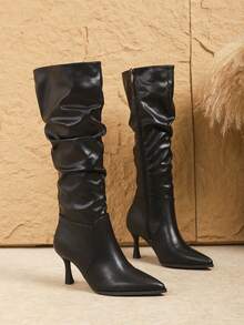 女士秋冬新款百搭过膝长靴，棕色绒面革修身弹力尖头高跟靴，性感猫跟靴，派对靴 - 黑色 - 查看 7