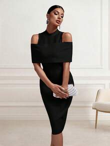 Solid Color Elegant Hollow Out Slit Zipper Formal Evening Gown, Suitable For Wedding Guest Party - Black - View 3
