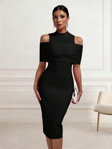 Solid Color Elegant Hollow Out Slit Zipper Formal Evening Gown, Suitable For Wedding Guest Party - Black - View 6