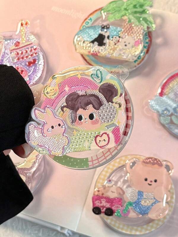 1 Gilded And Colorful Illustration Magnetic Phone Sliding Stand, Suitable For Magsafe Magnetic Stand, Personalized Cartoon Extendable Portable Phone Support Stand