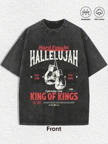 1 PCS Christian "Hallelujah - King Of Kings" Graphic Tee: Featuring Distressed Vintage Finish, Bold "HALLELUJAH" & "I Praise The KING OF KINGS" Letter Prints, Boxing Gloves Graphic With "PRAY HARD" "FIGHT HARD" Details, Perfect For Infusing Spiritual, Motivational, And Nostalgic Vibes Into Outfits During Easter Celebrations, Church Events, Or Daily Wear, Christmas & Halloween & Thanksgiving Day & Valentine's Day & Pride & Father's Day & Easter & Mother's Day & New Year & Spring Festival, Men's Round Neck Printed Short Sleeve Casual Everyday T-Shirt, They Are Excellent Gifts For Friends And Family, 100% Cotton T-Shirts Feature, A Youthful And Fashionable Design, Graphic Tees Men, Graphic Tees Women, Cachorro Feliz, Back To School - 黑色 - 查看 1